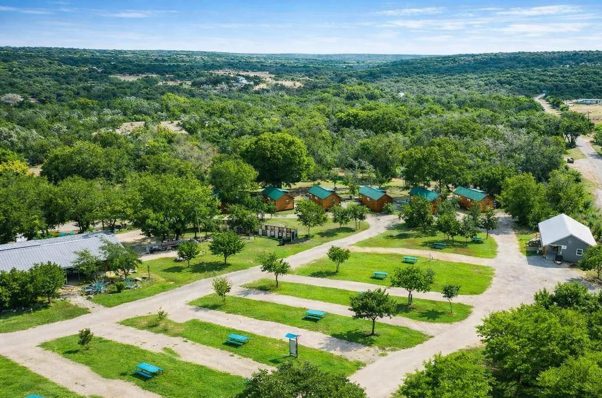 Aerial view of Al's Hideaway campground — intimate wedding venue in the Texas Hill Country