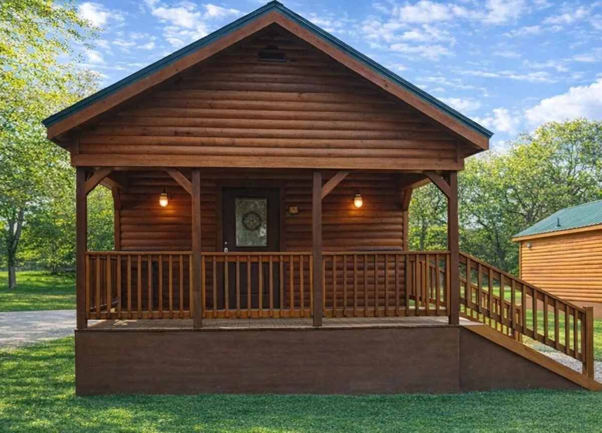 Cabin #9 at Al's Hideaway — log cabin exterior with warm evening porch lights